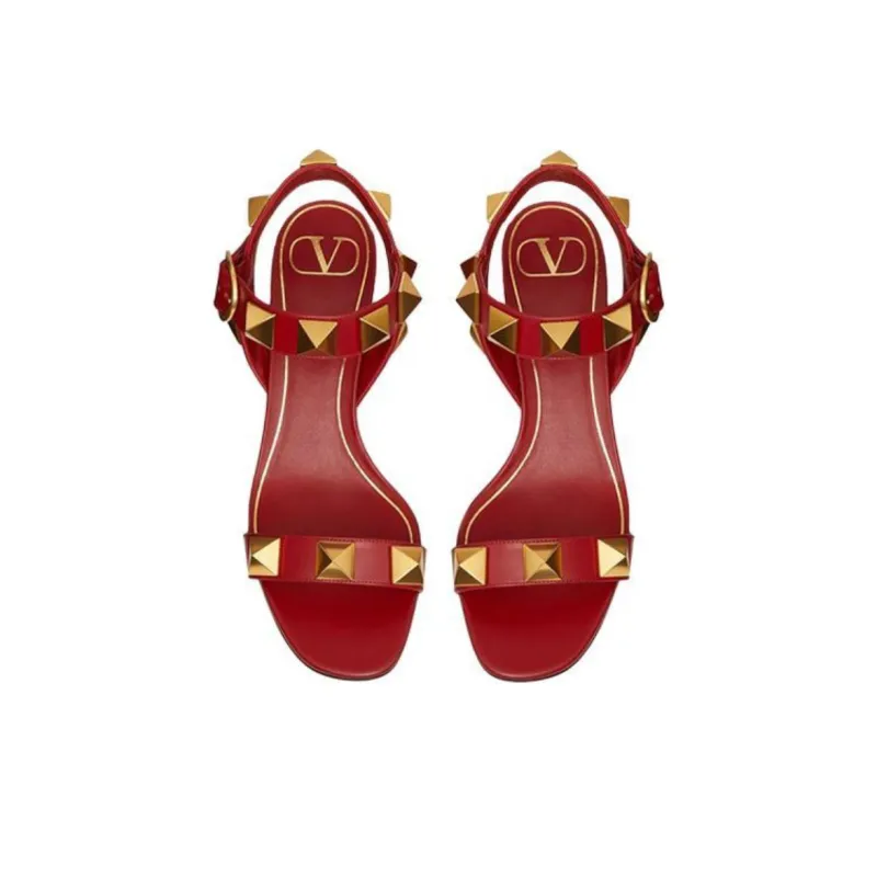 Valentino Roman Stud Block Heel Strap Sandals 6cm Women's Red-3