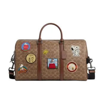 COACH PEANUTS Collaboration Signature Coated Canvas Boston Bag, One Shoulder Crossbody Handbag, Travel Bag Women's Tan