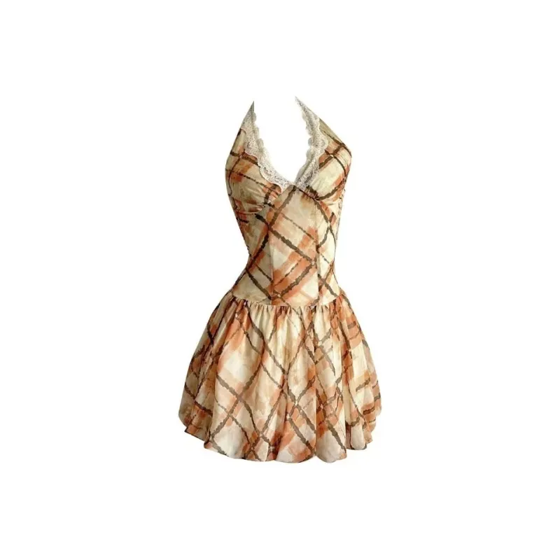 ACJL Slip Dresses Women's Brown Plaid Dress-0