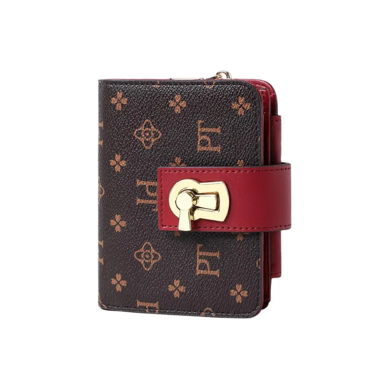 PT'SON Synthetic Leather Coin Purse Wallet Regular Women's Coffee & Red-1
