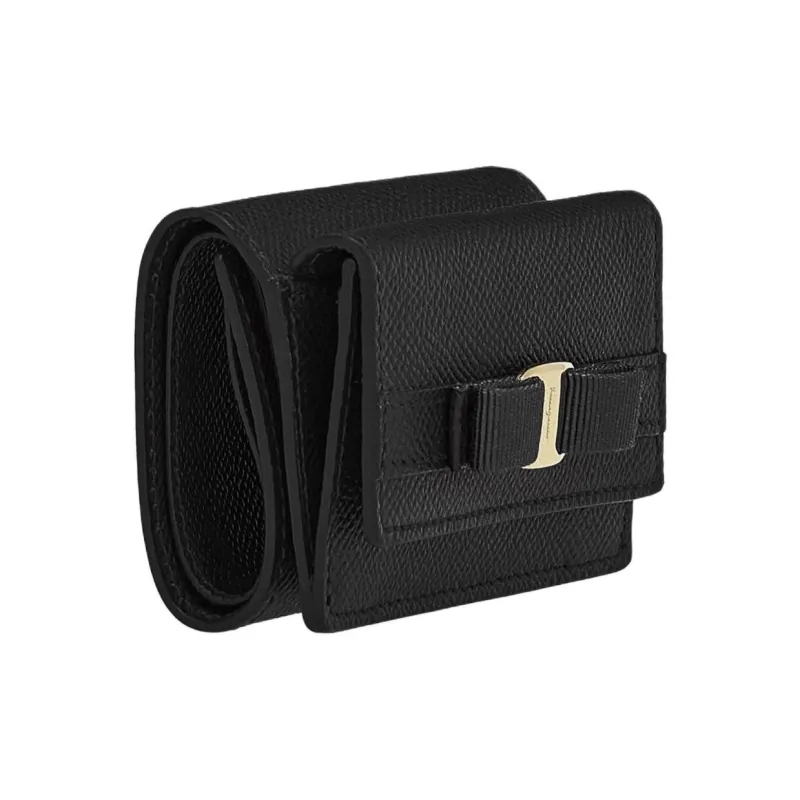FERRAGAMO Embossed Calfskin Wallet Women's Black-1