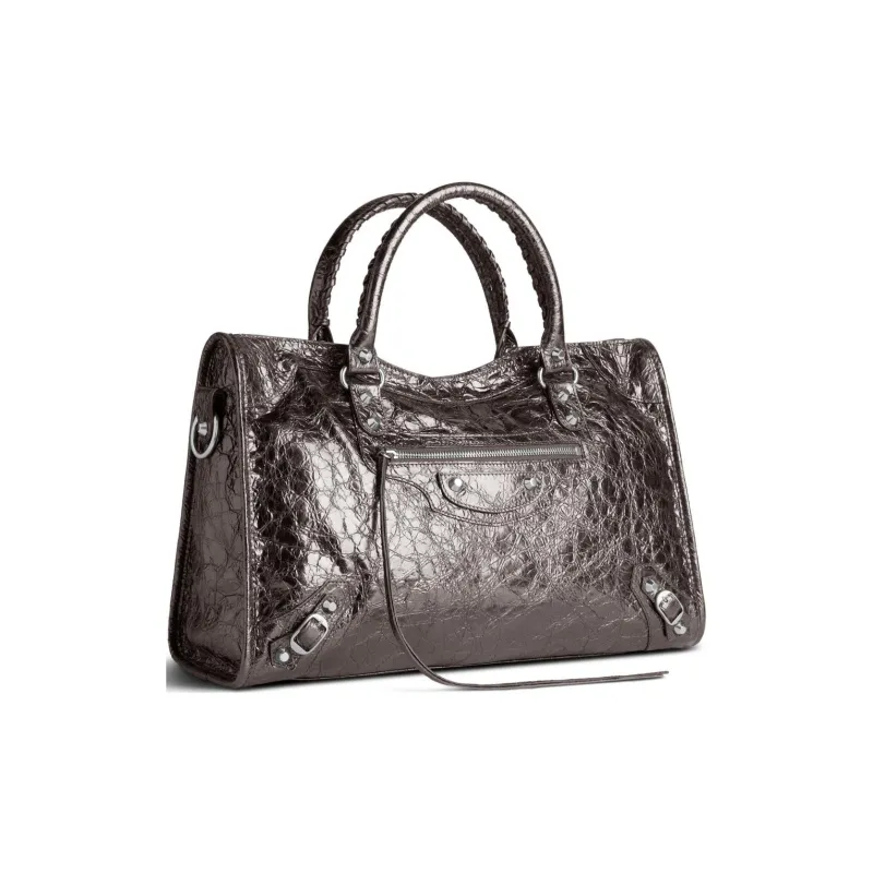 Balenciaga Le City Medium Bag In Steel Grey Metallized Arena Lambskin Shiny Silver Hardware Steel Grey-2