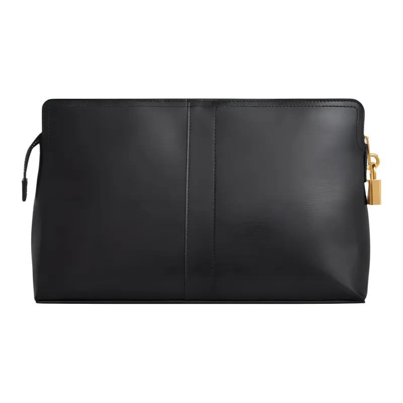 CELINE Shiny Cow Leather Travel Bag Clutch Storage Bag Toiletry Bag Women's Black-1