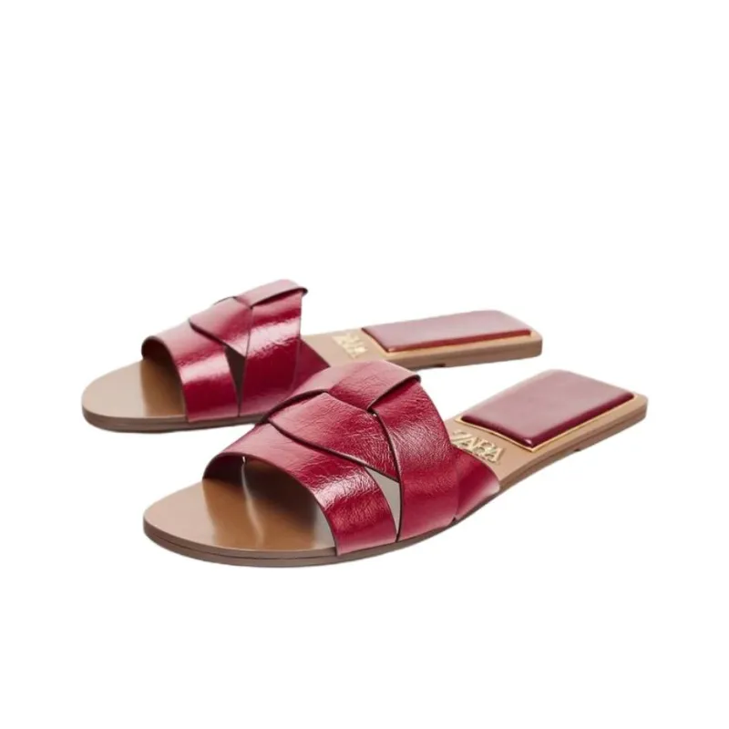 ZARA Abrasion Resistant Slide Slippers Women's Dark Red Color-1