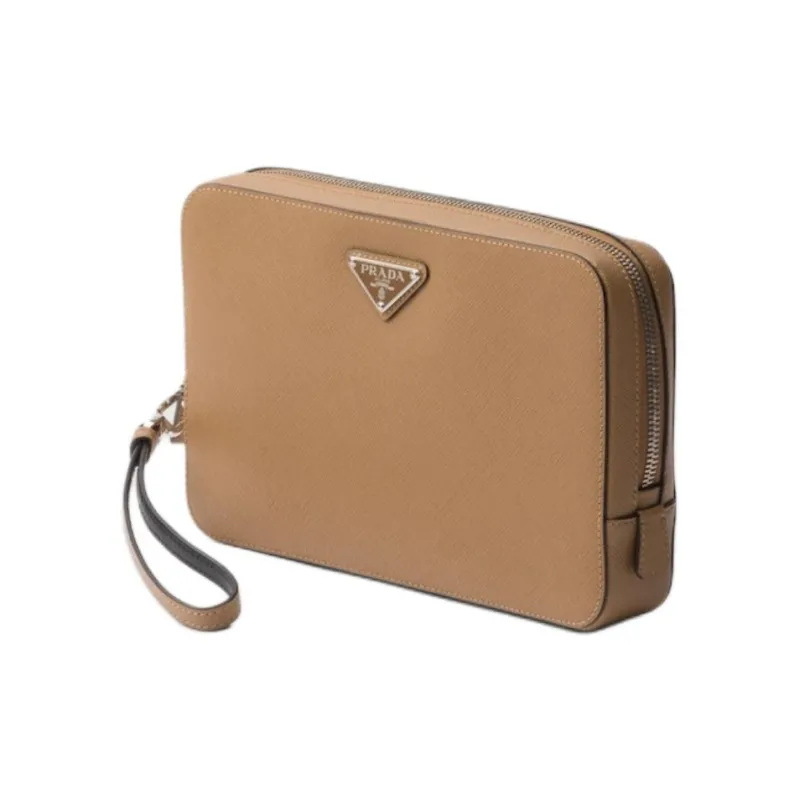 PRADA Saffiano Calfskin Clutch Men's Caramel-1