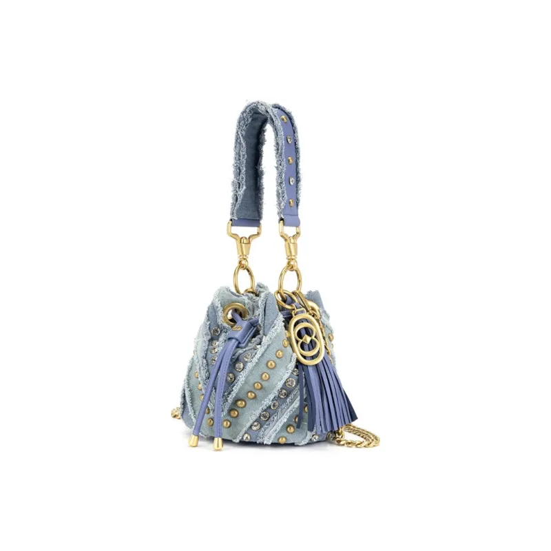 La Carrie Denim Bucket Bag, One Shoulder Handbag Medium Size Women's Blue-1