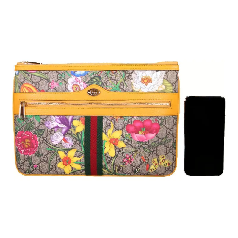 GUCCI Ophidia Canvas With Leather Clutch Large Size Women's Ebony & Yellow & Multicolor-4