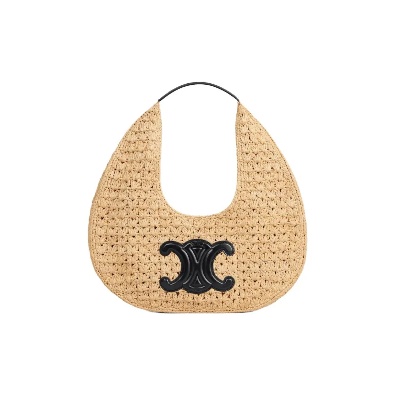 CELINE Classic Panier Series Plant Material With Cow Leather Binding Hobo Bag, Handbag Women's Natural & Black-0