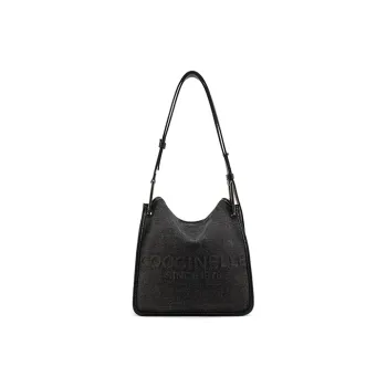 COCCINELLE Fabric Cow Leather Patchwork Pageboy Bag Tote Bag Shopping Bag Shoulder Bag Small Size Unisex Black