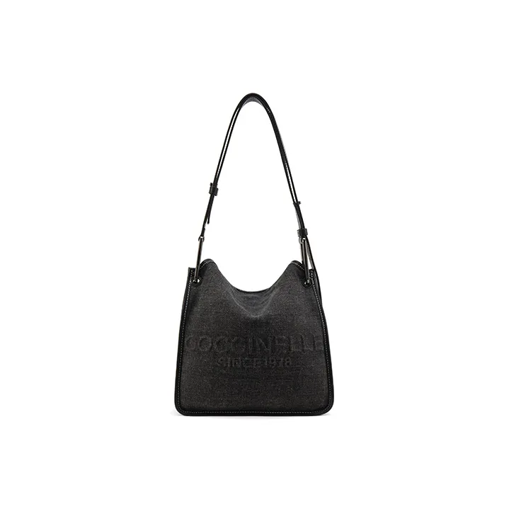 COCCINELLE Fabric Cow Leather Patchwork Pageboy Bag Tote Bag Shopping Bag Shoulder Bag Small Size Unisex Black-0