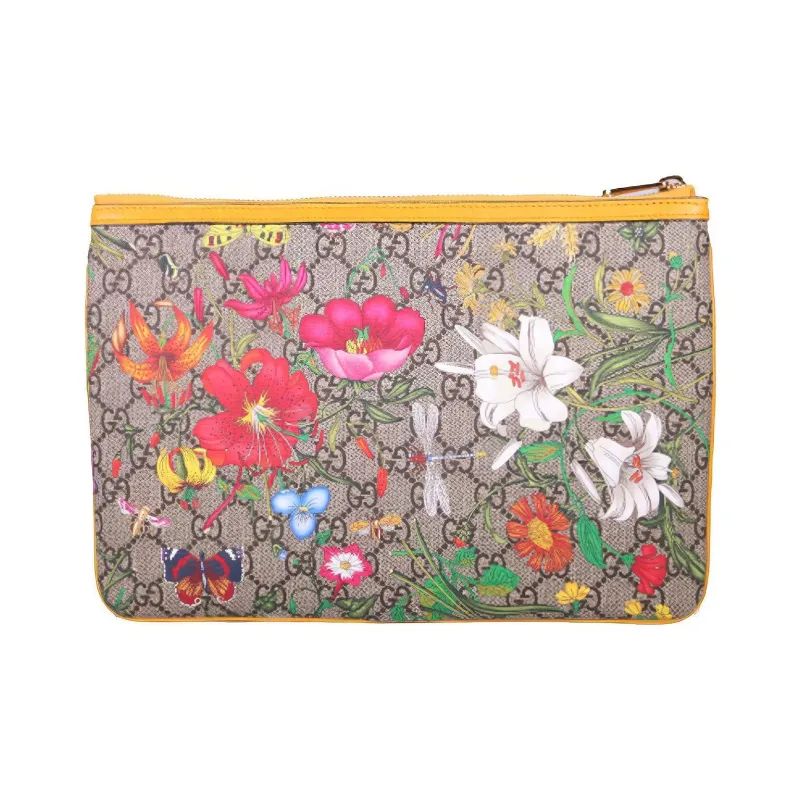 GUCCI Ophidia Canvas With Leather Clutch Large Size Women's Ebony & Yellow & Multicolor-1