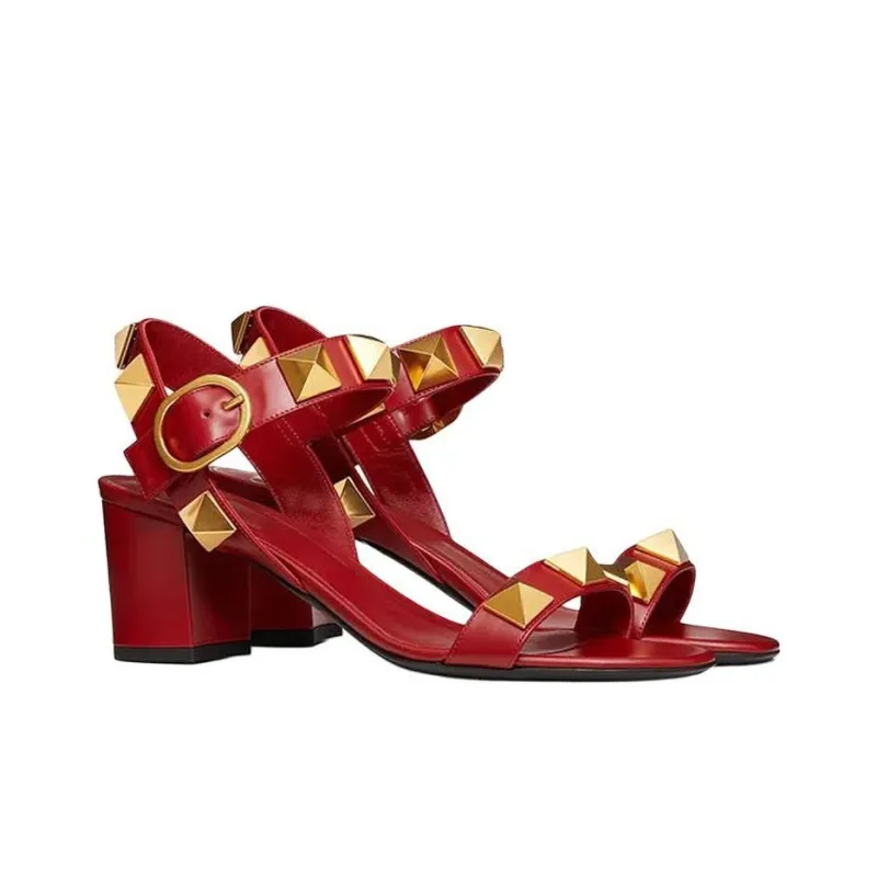Valentino Roman Stud Block Heel Strap Sandals 6cm Women's Red-2