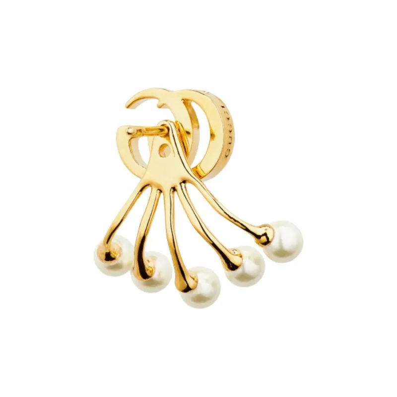 GUCCI Glass Pearl Stud Earrings Unisex Gold/White-3
