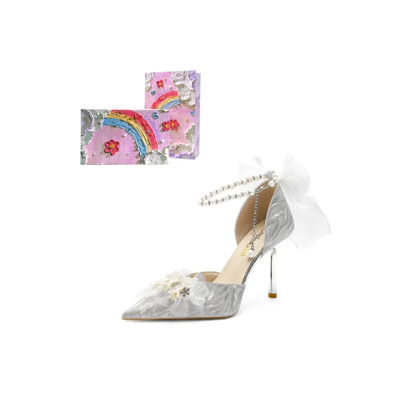 Crelinkxlat [Glaze Starlight]Pearl Bowknot, Crystal Shoes Wedding Shoes High Heels, Women's-0