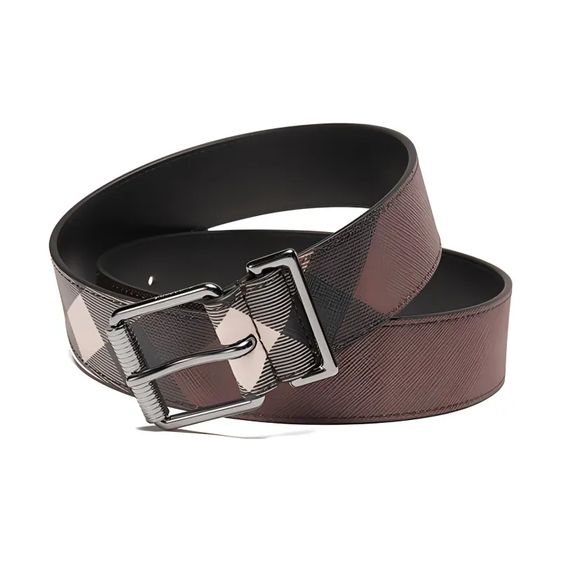 Burberry Plaid Button Belt Men's Dark Birch Brown Width 3.5cm-3