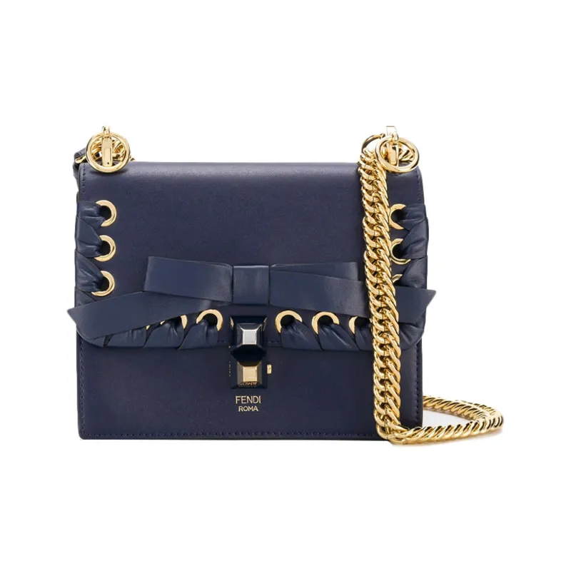 FENDI Kan I Cow Leather Shoulder Bag Small Size Women's Dark Blue-0