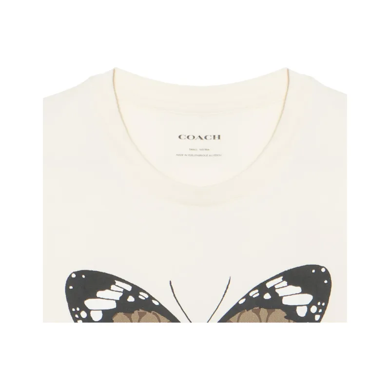 COACH Logo Letter Butterfly Print Crew Neck Short Sleeved T Shirt T Shirt Women's Cream-8