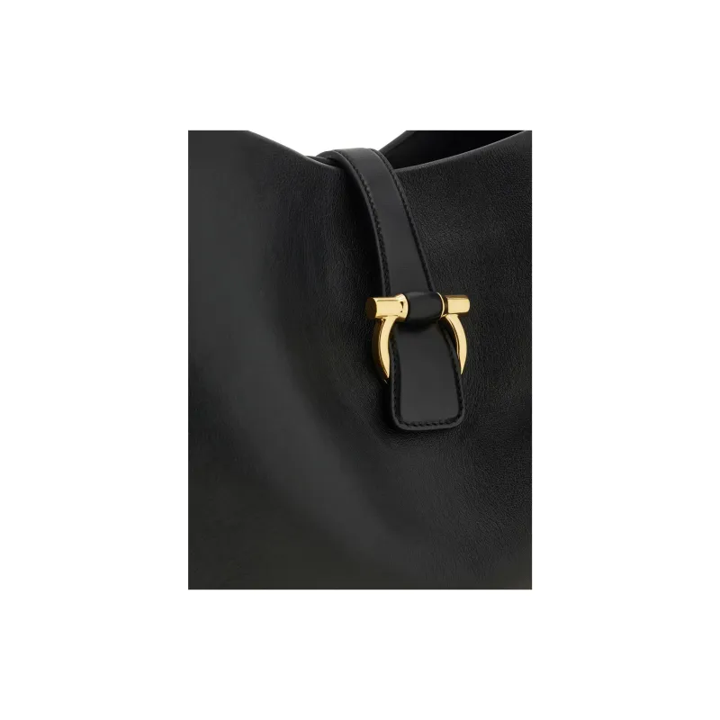 FERRAGAMO GANCINI Calfskin Tote Bag Shopping Bag Handbag Medium Size Women's Black-5