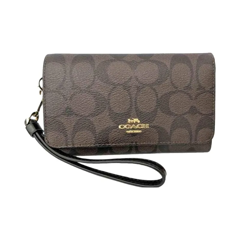 COACH Canvas With Leather Wallet With Cell Phone Pouch Small Size Women's Dark Brown-1