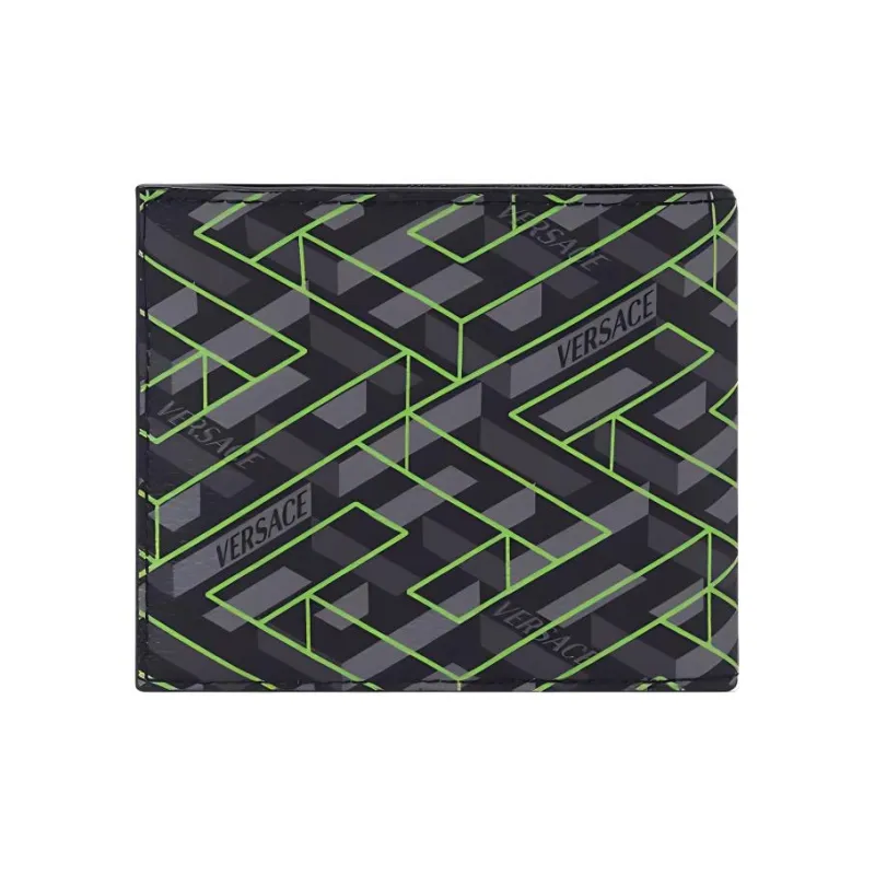 VERSACE La Greca Wallet 6 Card Slots Black/Grey/Green-1