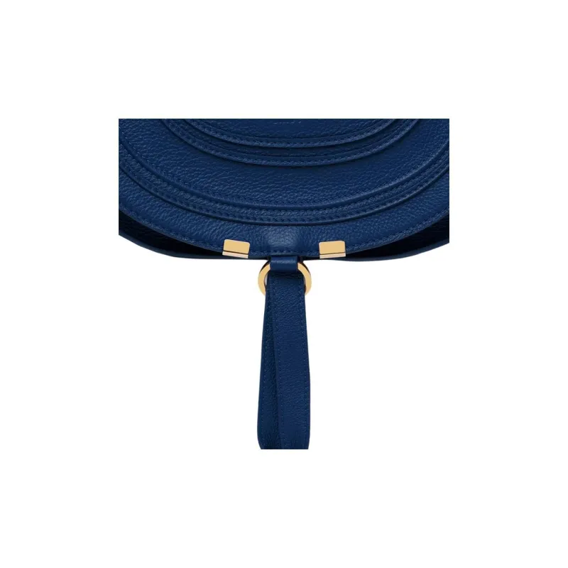 Chloe Marcie Grained Calfskin Saddle Bag Shoulder Bag Crossbody Bag Medium Size Women's Dark Blue-4