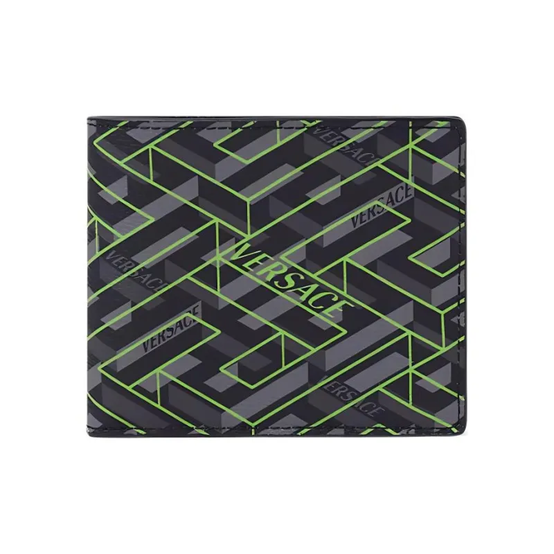 VERSACE La Greca Wallet 6 Card Slots Black/Grey/Green-0