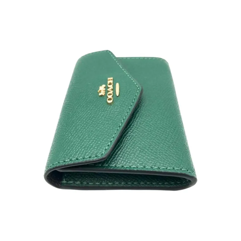 COACH Flap Card Case Cross-Stitch Leather Wallets Card Holders Mini Women's Black Pine-2