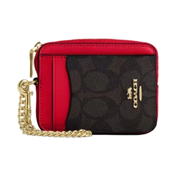 COACH Leather Card Holder Mini Women's Walnut Wood Bold Red