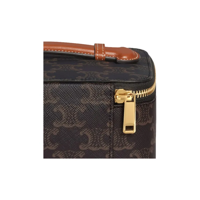 CELINE Triomphe Canvas With Calfskin Handbag Toiletry Bag Small Size Women's Tawny-4