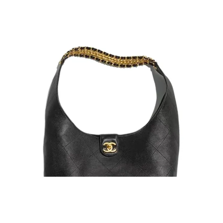 CHANEL Sheepskin HOBO Bag, Underarm, Hippie Style Handbag, Shoulder Bag Trumpets Women's Black-2