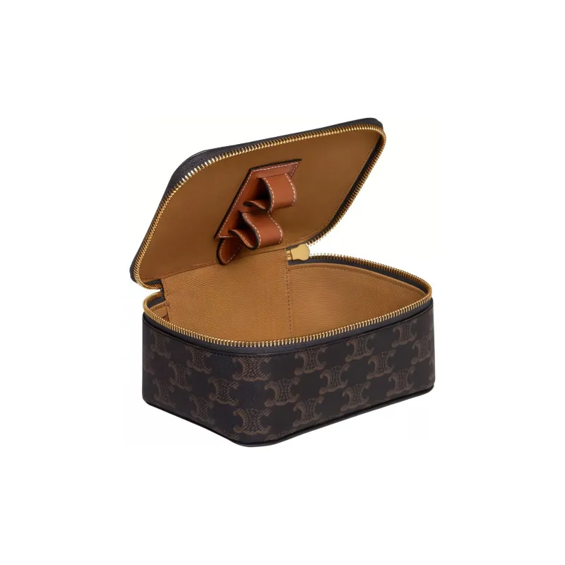 CELINE Triomphe Canvas With Calfskin Handbag Toiletry Bag Small Size Women's Tawny-2