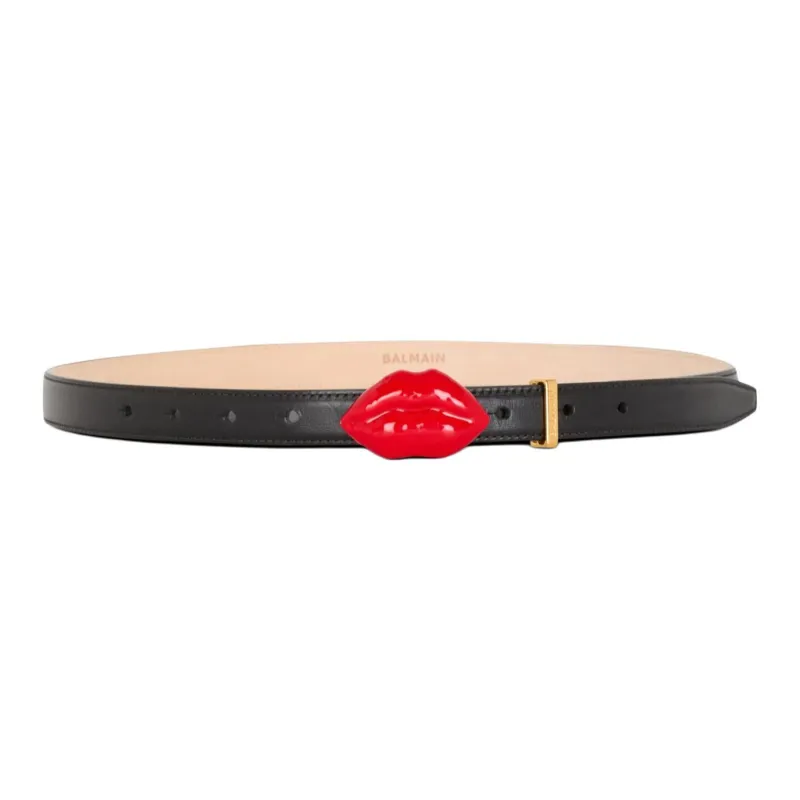 BALMAIN Calfskin Enamel Metal Leather Belts Men's Black Width: 2CM-0