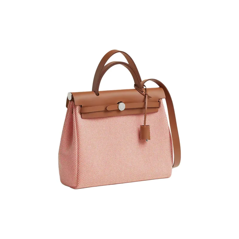 HERMES Herbag Zip Criss Viking Canvas With Hunter Cow Leather One Shoulder Handbag Women's Red & Brown-1