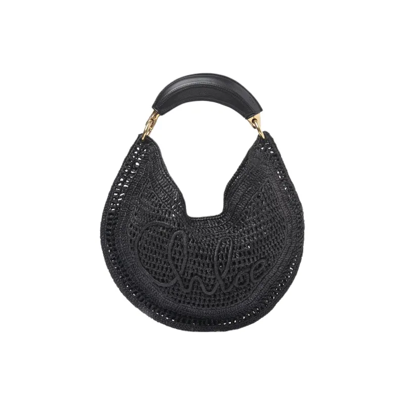 Chloe Raffia Crescent Bag, Handbag, Shoulder Bag Women's Black-0