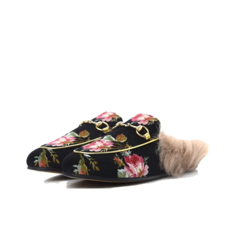 GUCCI Princetown Floral Print Slippers Black Gold Natural Women's-2