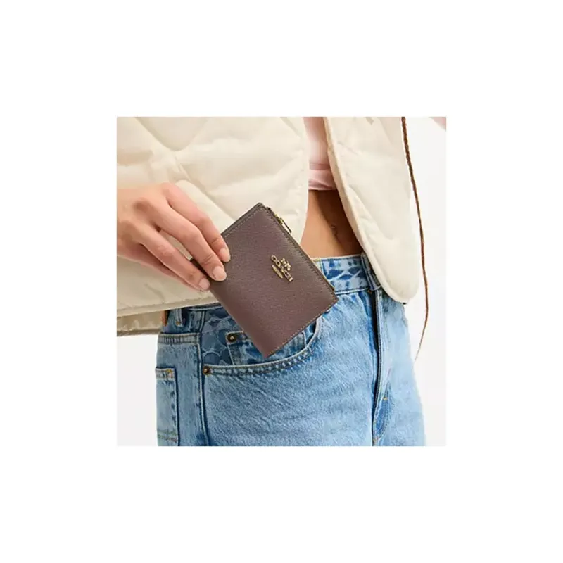 COACH Bifold Cross Grain Leather Wallet Mini Unisex Gold & Gold Stone Color-2