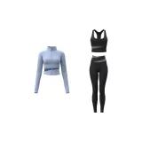 [Three-Piece Set]Gray Lake Blue Coat+Starburst Black Bra+Starburst Black Ankle-Length Pants