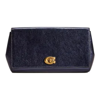 COACH Alexa Metallic Textured Leather Clutch Women's Brass Metal Blue