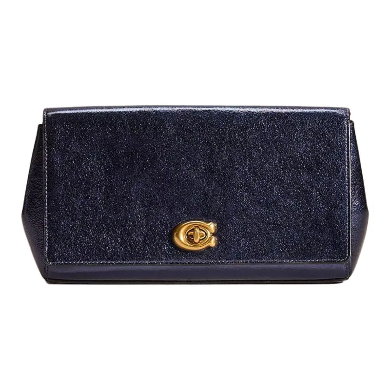 COACH Alexa Metallic Textured Leather Clutch Women's Brass Metal Blue-0