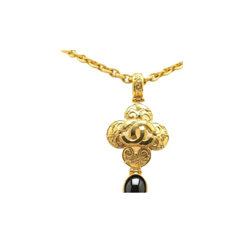 CHANEL 1996 Plated Cc Resin Clover Pendant Necklace Costume Necklace-1