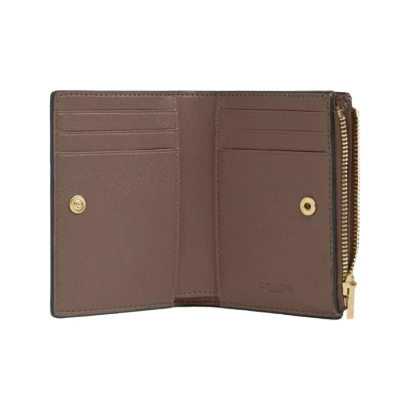 COACH Bifold Cross Grain Leather Wallet Mini Unisex Gold & Gold Stone Color-1
