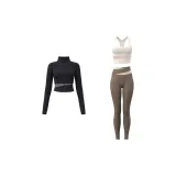 [Three-Piece Set]Starburst Black Coat+White Pink Bra+Cocoa Ankle-Length Pants