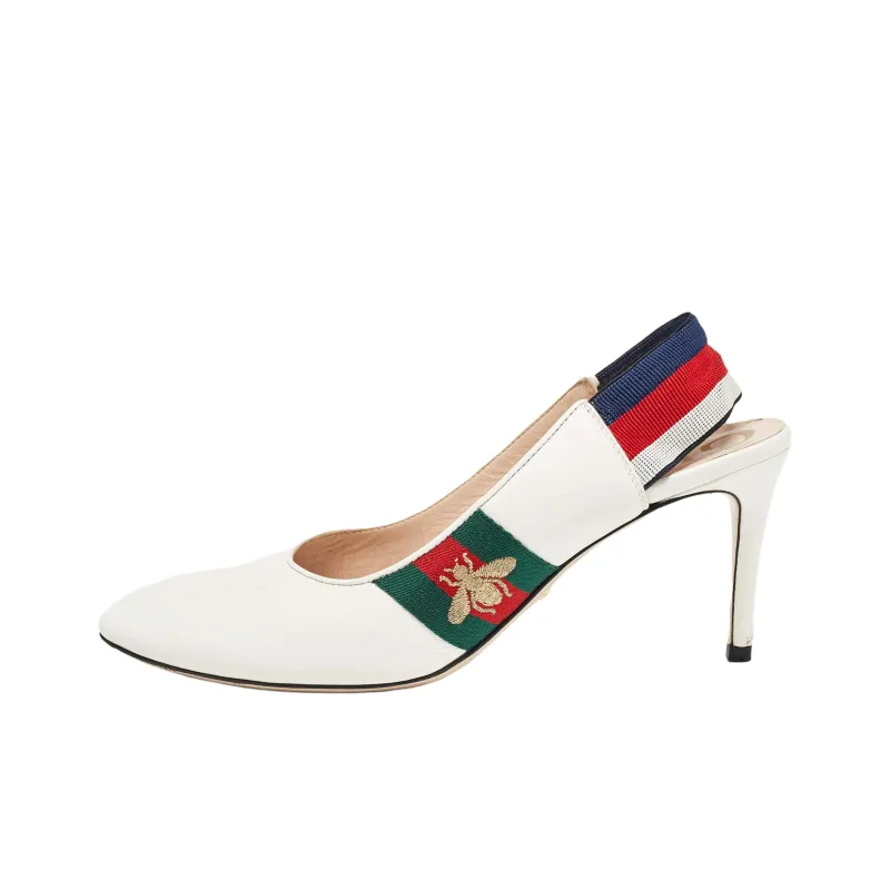 GUCCI Sylvie Leather Web Slingback Pumps White Multi Women's-2
