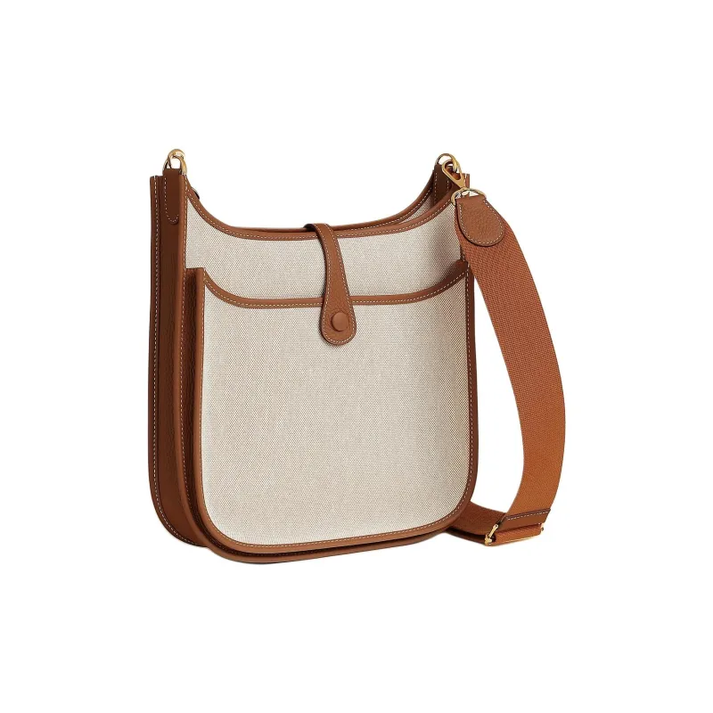 HERMES Evelyne Canvas With Clemence Bullock Leather Shoulder Bag Women's Brown & Beige-2