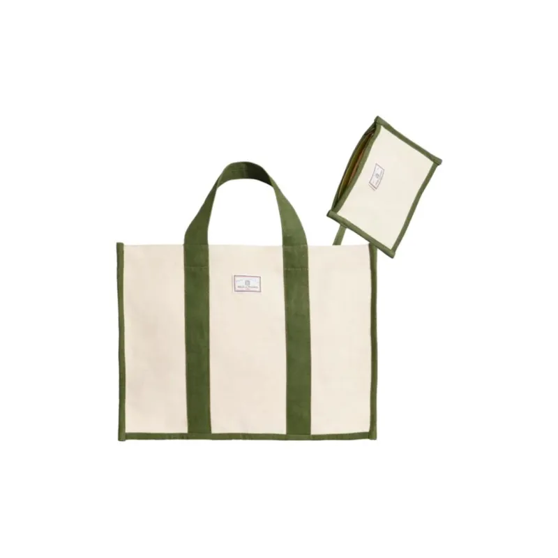 INES DE LA FRESSANGE Cotton Canvas Tote Bag, Shopping Bag, Shoulder Bag, Handbag Medium Size Women's Khaki Green-1
