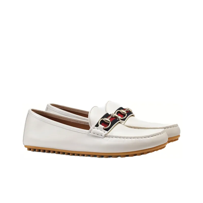 GUCCI Stripe Leather Flat Men White-2