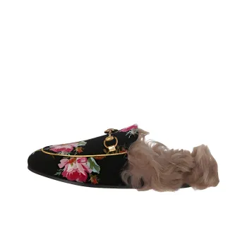 GUCCI Princetown Floral Print Slippers Black Gold Natural Women's