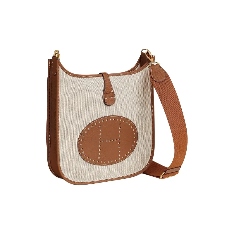 HERMES Evelyne Canvas With Clemence Bullock Leather Shoulder Bag Women's Brown & Beige-1