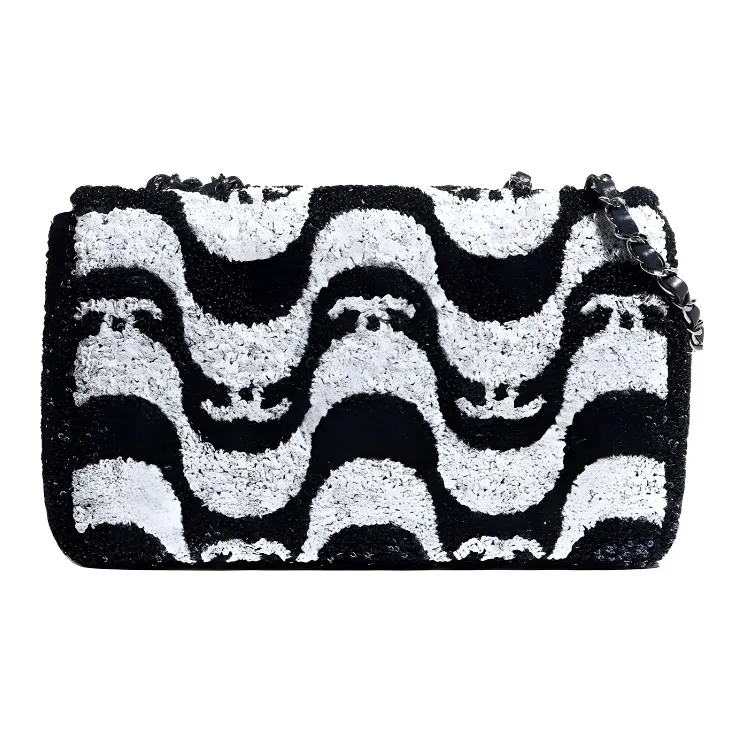 CHANEL Sequins & Rhodium Metal Crossbody Bag, Shoulder Bag Trumpets Women's White & Black-1