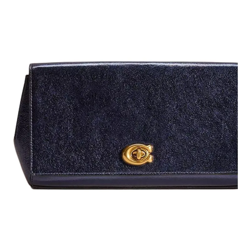 COACH Alexa Metallic Textured Leather Clutch Women's Brass Metal Blue-1